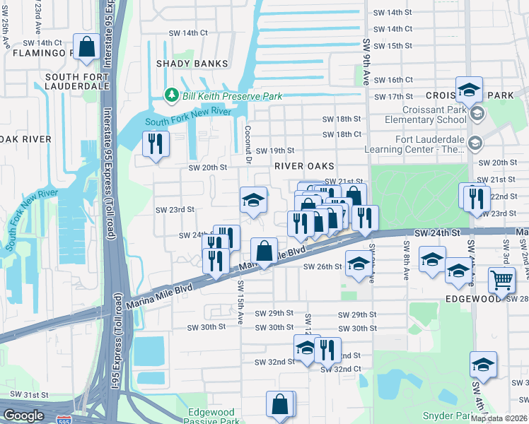 map of restaurants, bars, coffee shops, grocery stores, and more near 1440 Southwest 22nd Street in Fort Lauderdale