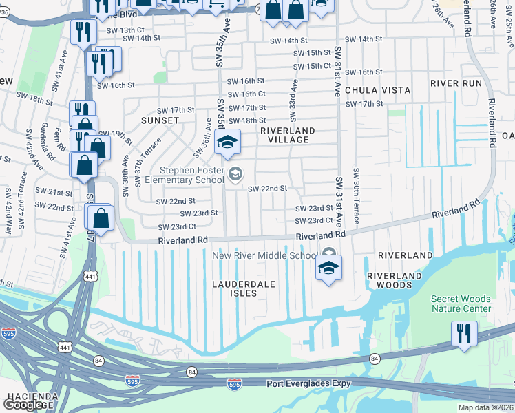 map of restaurants, bars, coffee shops, grocery stores, and more near 2249 Southwest 34th Terrace in Fort Lauderdale