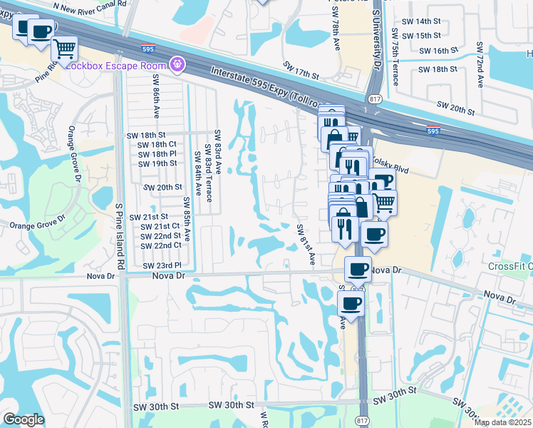 map of restaurants, bars, coffee shops, grocery stores, and more near 2125 Southwest 82nd Avenue in Davie