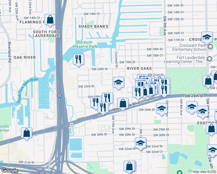map of restaurants, bars, coffee shops, grocery stores, and more near 1530 Southwest 23rd Street in Fort Lauderdale