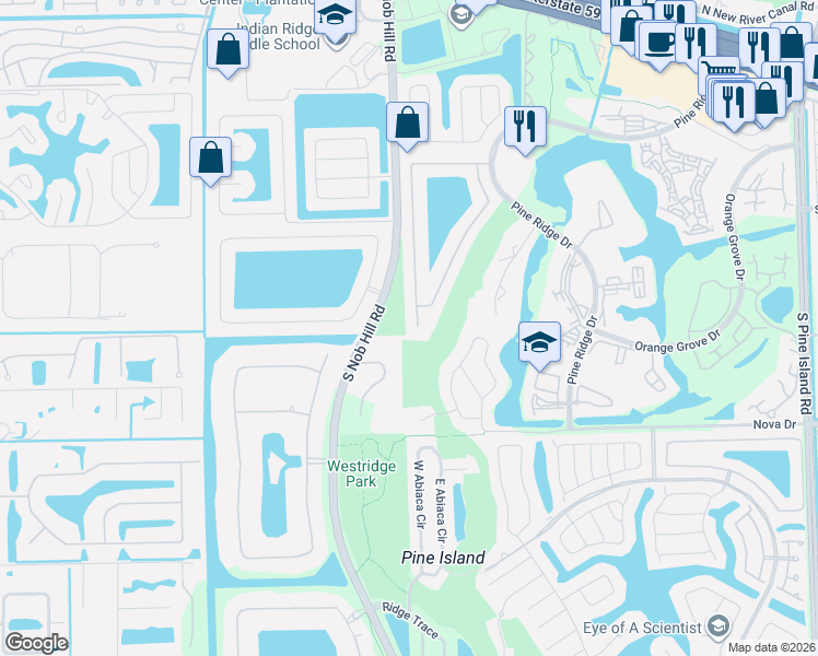 map of restaurants, bars, coffee shops, grocery stores, and more near 1951 West Oak Knoll Circle in Davie