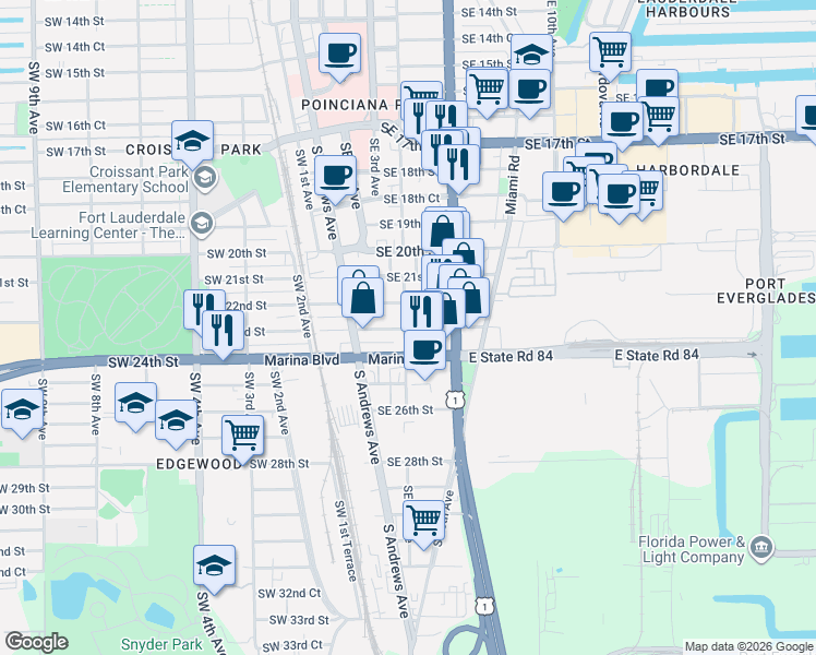 map of restaurants, bars, coffee shops, grocery stores, and more near 2221 Southeast 4th Avenue in Fort Lauderdale