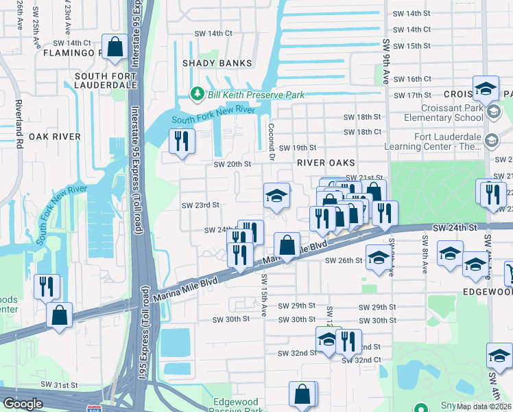 map of restaurants, bars, coffee shops, grocery stores, and more near 1530 Southwest 23rd Street in Fort Lauderdale