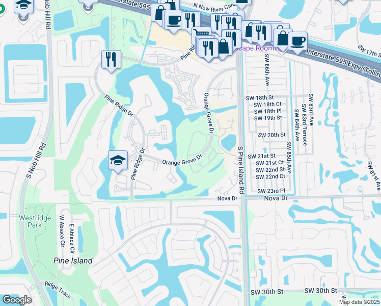map of restaurants, bars, coffee shops, grocery stores, and more near 1717 Whitehall Drive in Davie