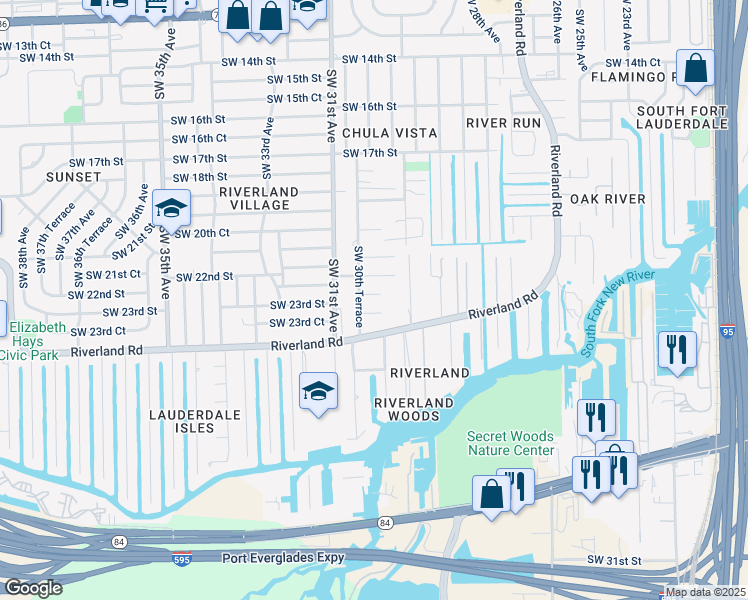 map of restaurants, bars, coffee shops, grocery stores, and more near 3030 Southwest 22nd Court in Fort Lauderdale