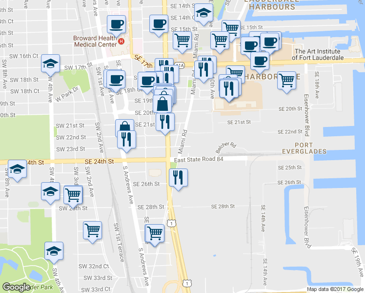 map of restaurants, bars, coffee shops, grocery stores, and more near 814 Southeast 23rd Street in Fort Lauderdale