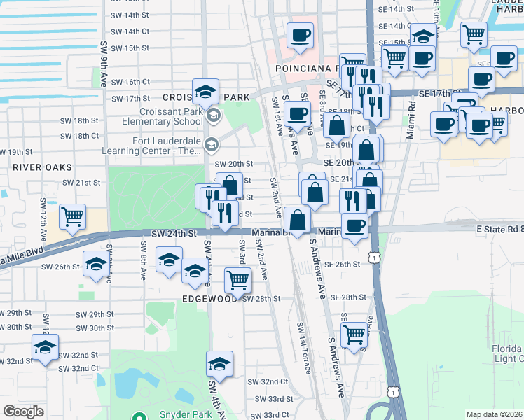map of restaurants, bars, coffee shops, grocery stores, and more near 231 Southwest 23rd Street in Fort Lauderdale
