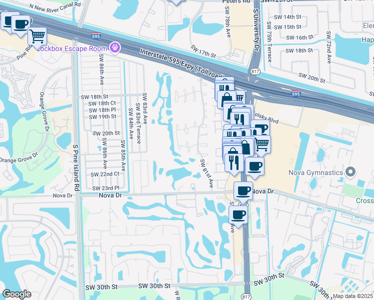 map of restaurants, bars, coffee shops, grocery stores, and more near 322 Southwest 81st Way in Davie