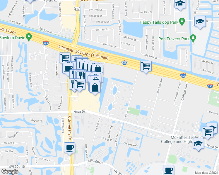 map of restaurants, bars, coffee shops, grocery stores, and more near 2131 Nova Village Drive in Davie