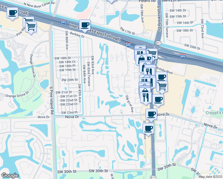 map of restaurants, bars, coffee shops, grocery stores, and more near 2125 Southwest 82nd Avenue in Davie
