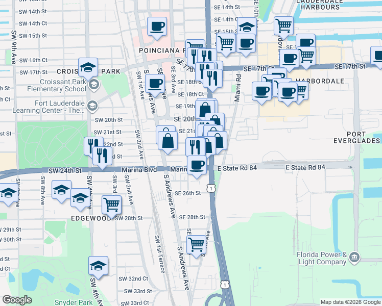 map of restaurants, bars, coffee shops, grocery stores, and more near 2221 Southeast 4th Avenue in Fort Lauderdale