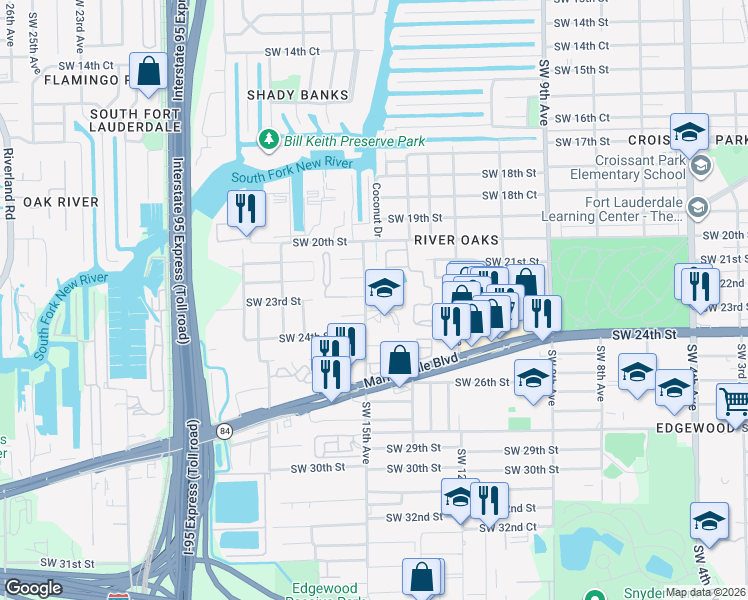 map of restaurants, bars, coffee shops, grocery stores, and more near 1440 Southwest 22nd Street in Fort Lauderdale
