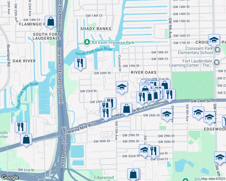 map of restaurants, bars, coffee shops, grocery stores, and more near 1530 Southwest 23rd Street in Fort Lauderdale