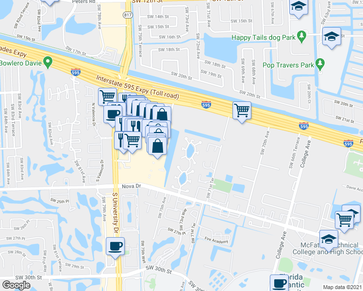 map of restaurants, bars, coffee shops, grocery stores, and more near 2131 Nova Village Drive in Davie