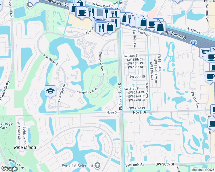 map of restaurants, bars, coffee shops, grocery stores, and more near 8901 Southwest 20th Place in Davie