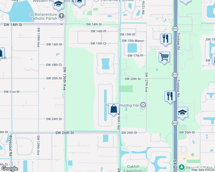 map of restaurants, bars, coffee shops, grocery stores, and more near 2101 Southwest 131st Terrace in Davie