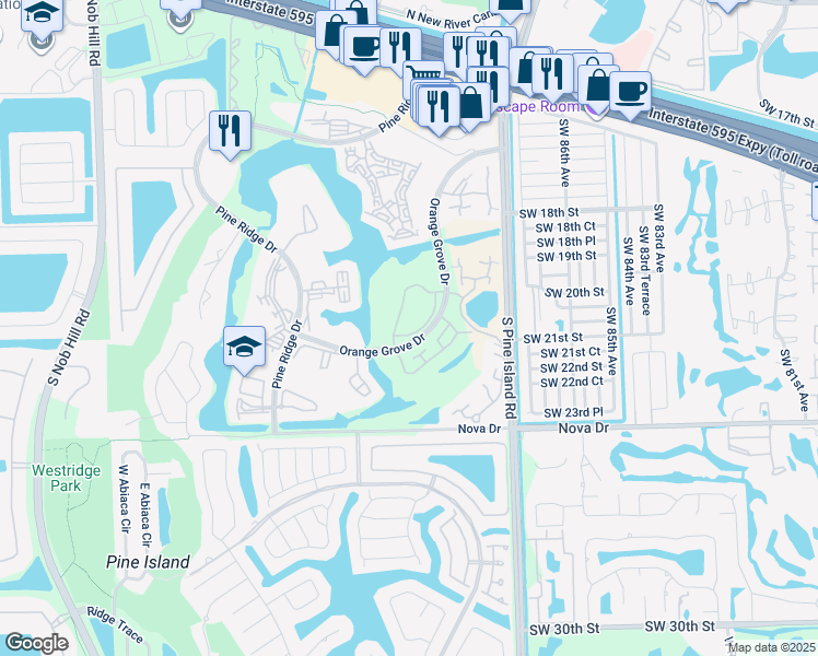 map of restaurants, bars, coffee shops, grocery stores, and more near 1717 Whitehall Drive in Davie
