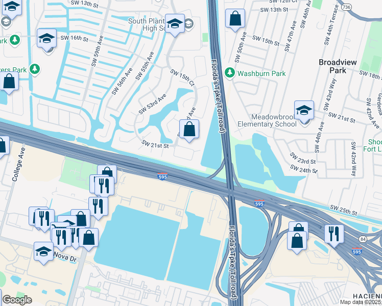 map of restaurants, bars, coffee shops, grocery stores, and more near 5150 Southwest 21st Street in Plantation