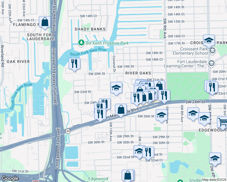 map of restaurants, bars, coffee shops, grocery stores, and more near 1440 Southwest 22nd Street in Fort Lauderdale