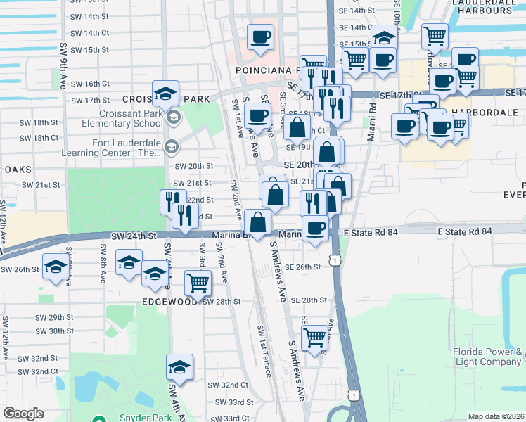map of restaurants, bars, coffee shops, grocery stores, and more near 2212 South Andrews Avenue in Fort Lauderdale