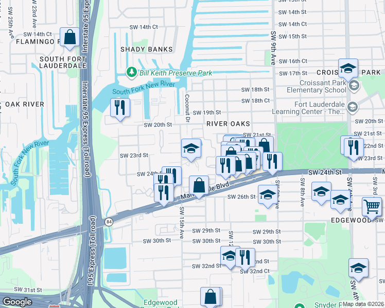 map of restaurants, bars, coffee shops, grocery stores, and more near 1440 Southwest 22nd Street in Fort Lauderdale