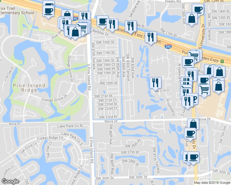 map of restaurants, bars, coffee shops, grocery stores, and more near 8520 Southwest 20th Place in Davie