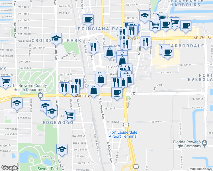 map of restaurants, bars, coffee shops, grocery stores, and more near 2221 Southeast 4th Avenue in Fort Lauderdale