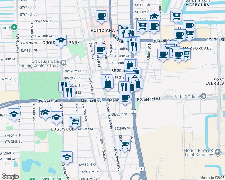 map of restaurants, bars, coffee shops, grocery stores, and more near 2221 Southeast 4th Avenue in Fort Lauderdale