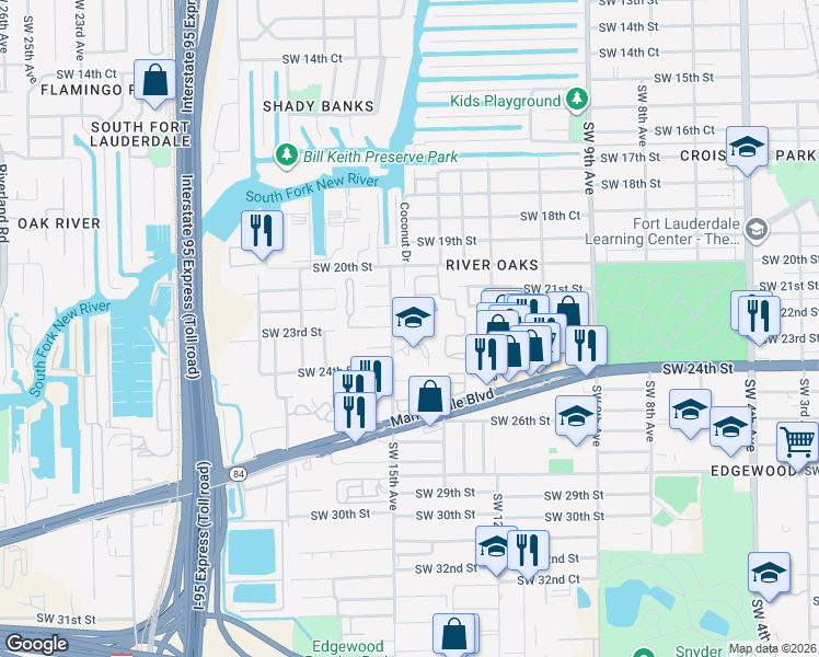 map of restaurants, bars, coffee shops, grocery stores, and more near 1440 Southwest 22nd Street in Fort Lauderdale