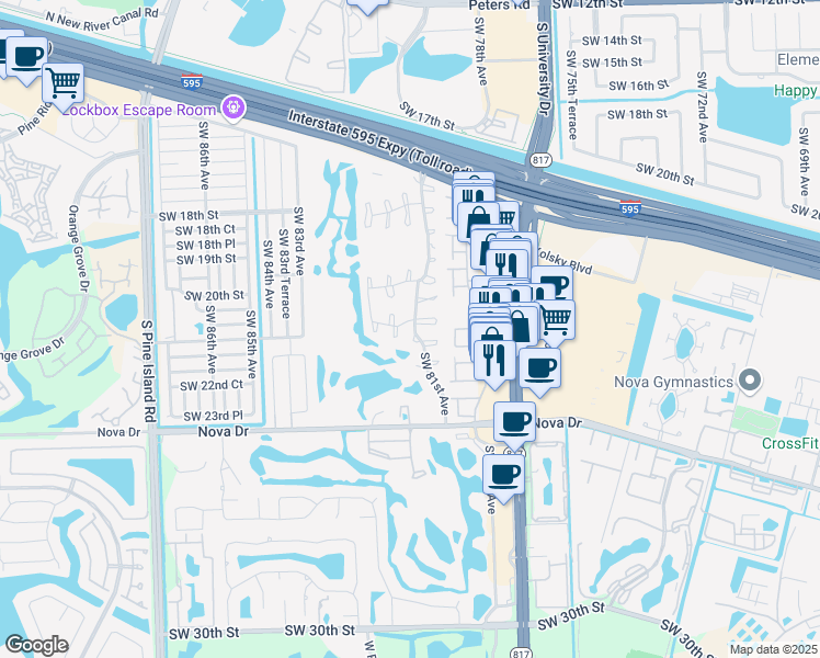 map of restaurants, bars, coffee shops, grocery stores, and more near 322 Southwest 81st Way in Davie
