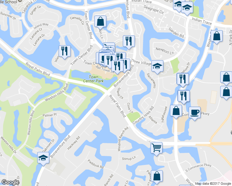 map of restaurants, bars, coffee shops, grocery stores, and more near 2049 Windward Circle in Weston