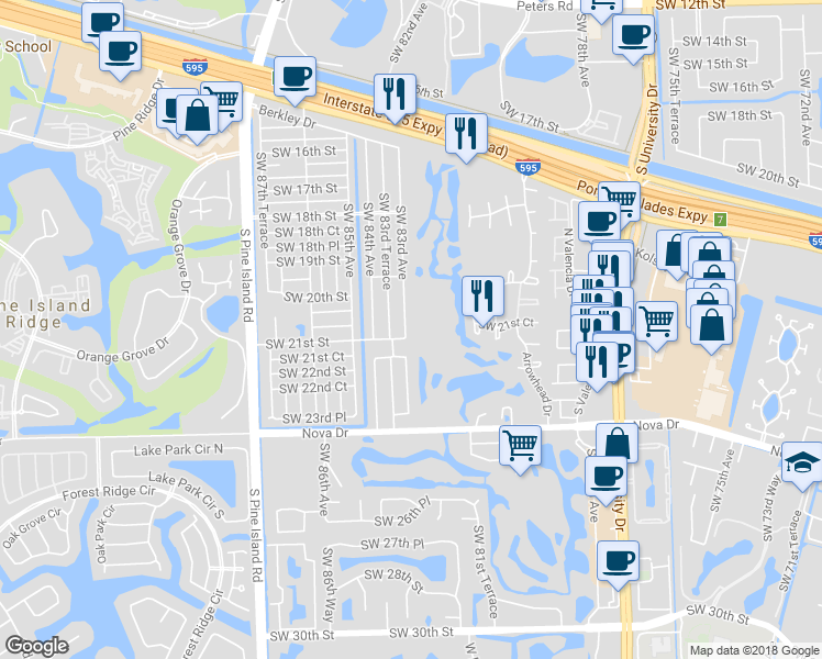 map of restaurants, bars, coffee shops, grocery stores, and more near 2070 Southwest 83rd Avenue in Davie