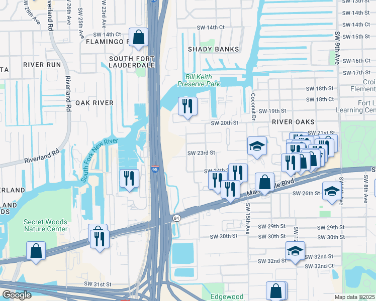 map of restaurants, bars, coffee shops, grocery stores, and more near 1839 Southwest 23rd Street in Fort Lauderdale