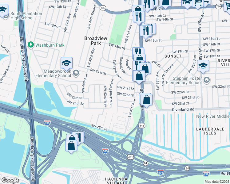map of restaurants, bars, coffee shops, grocery stores, and more near 2141 Southwest 42nd Avenue in Fort Lauderdale
