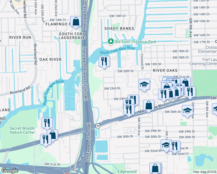 map of restaurants, bars, coffee shops, grocery stores, and more near 1839 Southwest 23rd Street in Fort Lauderdale