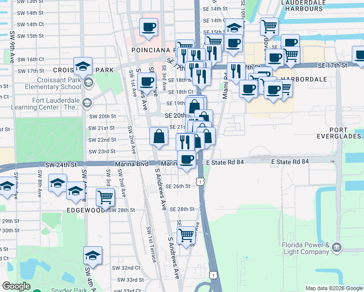 map of restaurants, bars, coffee shops, grocery stores, and more near 505 Southeast 23rd Street in Fort Lauderdale