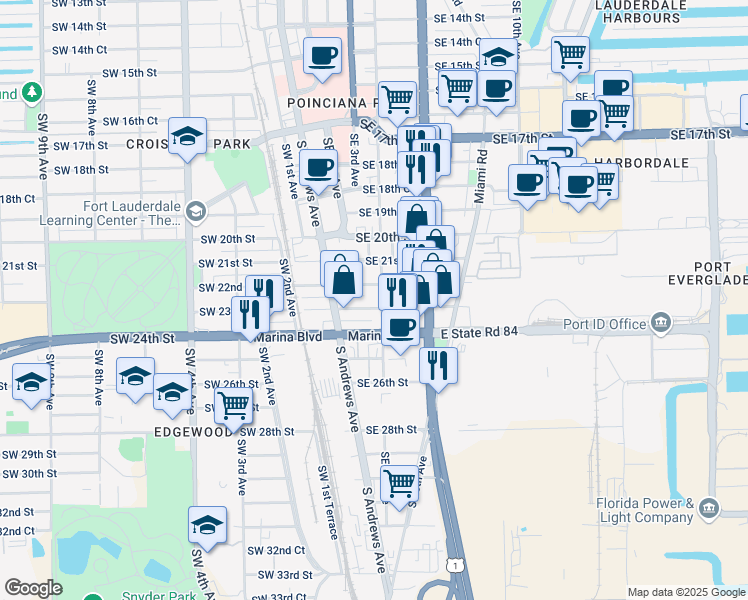map of restaurants, bars, coffee shops, grocery stores, and more near 2221 Southeast 4th Avenue in Fort Lauderdale