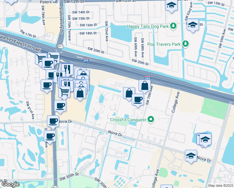 map of restaurants, bars, coffee shops, grocery stores, and more near 7181 Southwest 20th Place in Davie