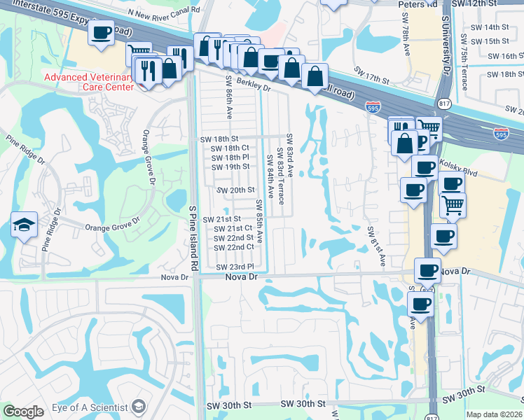 map of restaurants, bars, coffee shops, grocery stores, and more near 8520 Southwest 20th Place in Davie