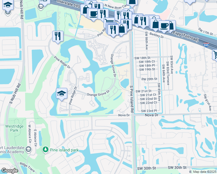 map of restaurants, bars, coffee shops, grocery stores, and more near 1717 Whitehall Drive in Davie