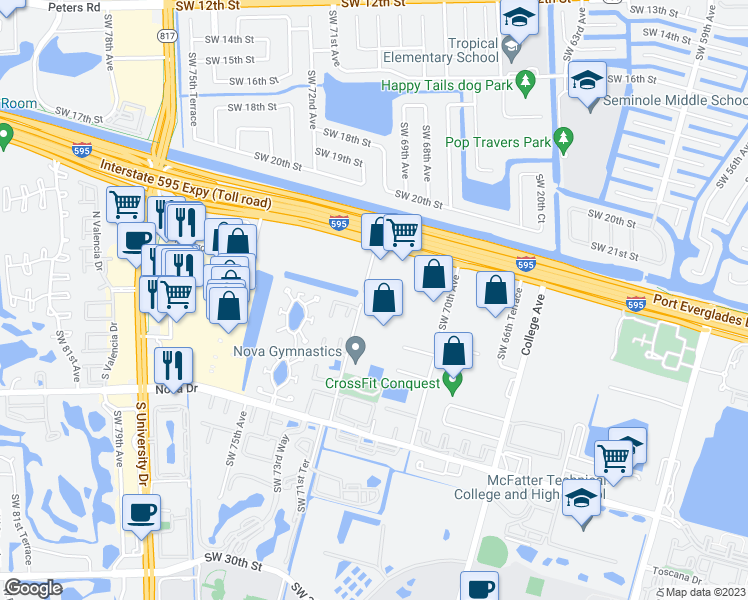 map of restaurants, bars, coffee shops, grocery stores, and more near 2090 Southwest 71st Way in Davie