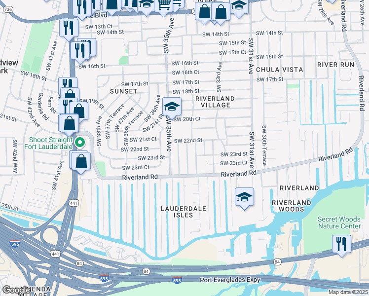 map of restaurants, bars, coffee shops, grocery stores, and more near 2249 Southwest 34th Terrace in Fort Lauderdale