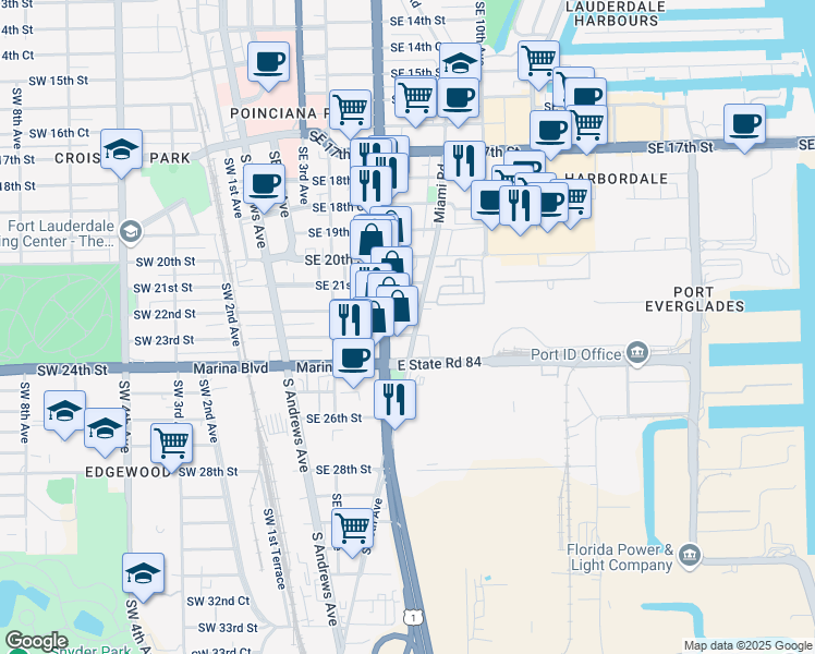 map of restaurants, bars, coffee shops, grocery stores, and more near 725 Southeast 23rd Street in Fort Lauderdale