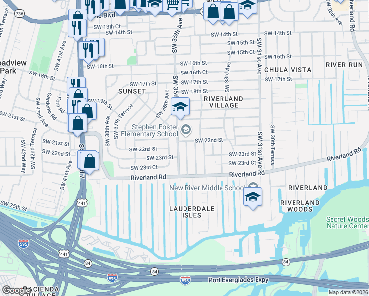 map of restaurants, bars, coffee shops, grocery stores, and more near 2171 Southwest 35th Avenue in Fort Lauderdale