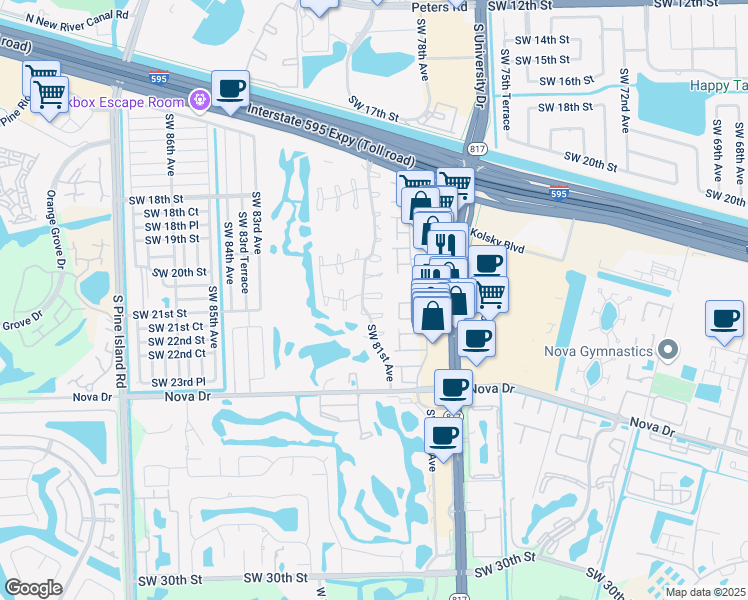 map of restaurants, bars, coffee shops, grocery stores, and more near 8046 Southwest 21st Court in Davie
