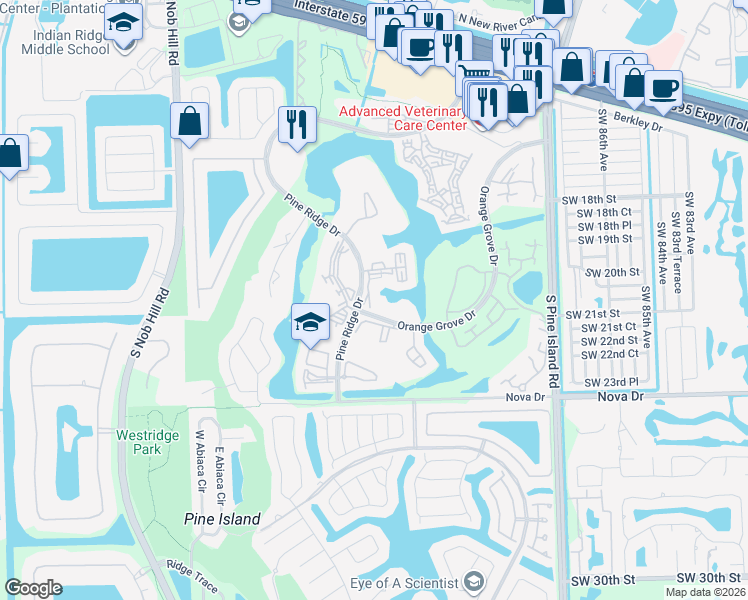 map of restaurants, bars, coffee shops, grocery stores, and more near in Pine Island Ridge
