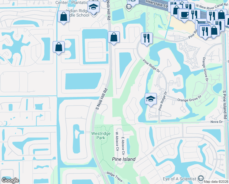 map of restaurants, bars, coffee shops, grocery stores, and more near 1951 West Oak Knoll Circle in Davie