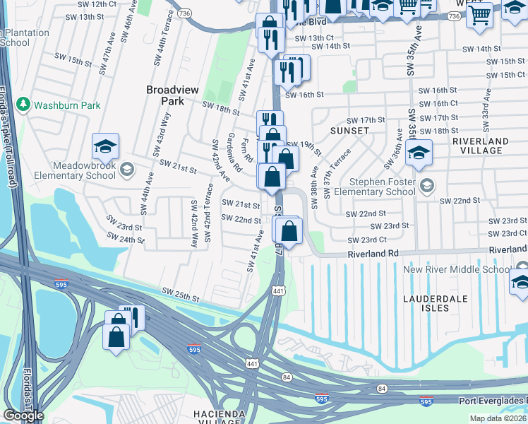 map of restaurants, bars, coffee shops, grocery stores, and more near 2050 Southwest 21st Street in Fort Lauderdale