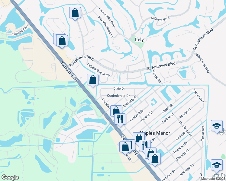 map of restaurants, bars, coffee shops, grocery stores, and more near 5238 Dixie Drive in Naples