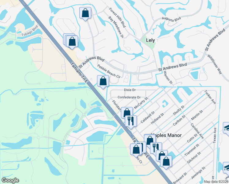 map of restaurants, bars, coffee shops, grocery stores, and more near 5210 Dixie Dr in Naples
